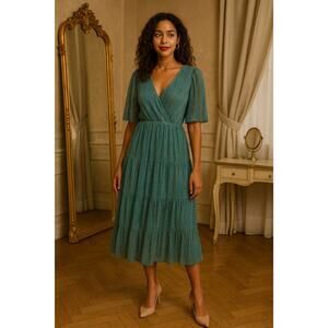 New without Tags Easel Pleated Metallic Teal Tiered Midi Dress Small Party